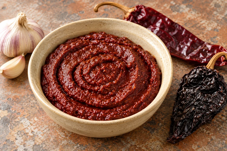 Thick brick-red adobo paste beside dried chiles and garlic.