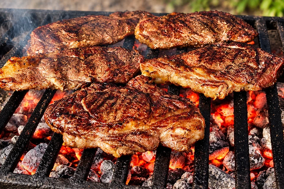 Beef steaks cooking over glowing charcoal on an iron grill.
