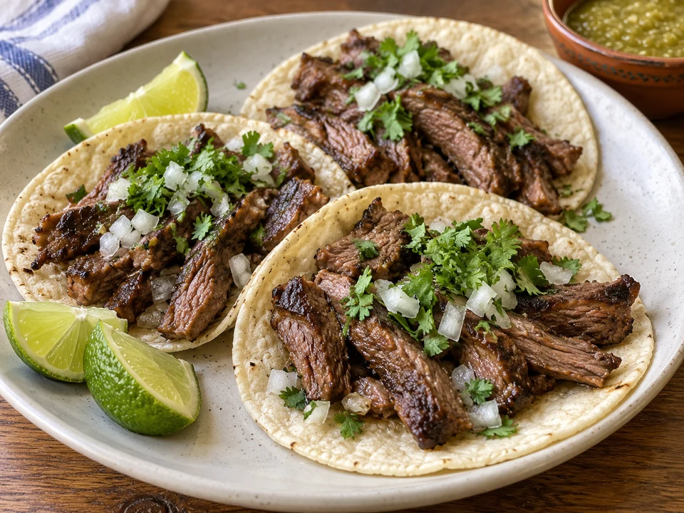 Grilled skirt-steak strips with onion and cilantro in soft corn tortillas.