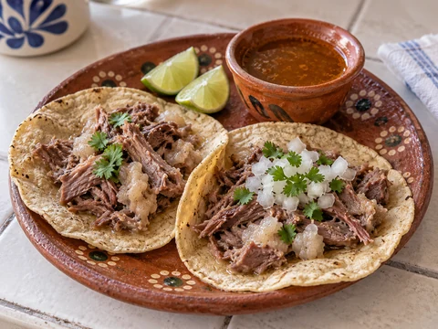 Two soft corn tacos with cooked lamb barbacoa, onion and a bowl of consome.