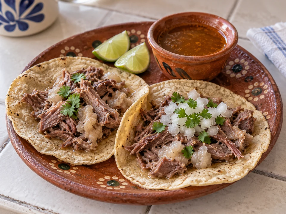 Two soft corn tacos with cooked lamb barbacoa, onion and a bowl of consome.