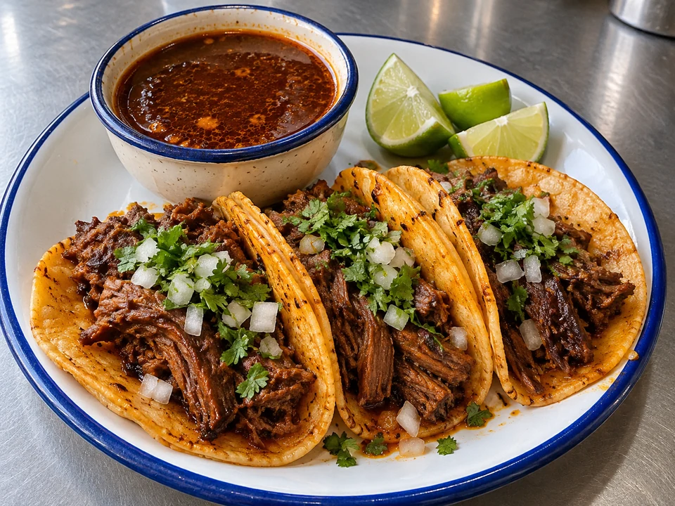 Three shredded beef birria tacos with onion, cilantro and a bowl of consomé.