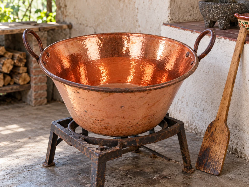 Hammered copper cazo with two loop handles on a burner frame beside a wooden paddle.