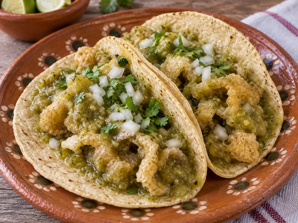 Soft pork-rind pieces stewed in green tomatillo salsa in corn tortillas.