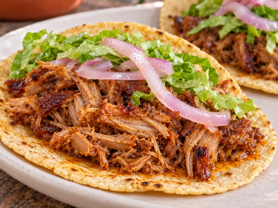 Roast pork cochito tacos with shredded lettuce and pickled onion.