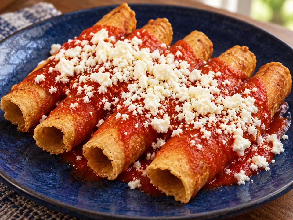 Empty crisp rolled corn tortillas with tomato sauce and crumbled white cheese.