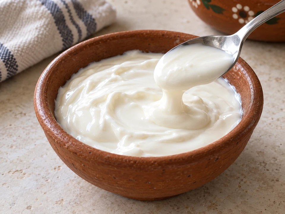 Smooth ivory Mexican crema in a terracotta bowl with a spoon.