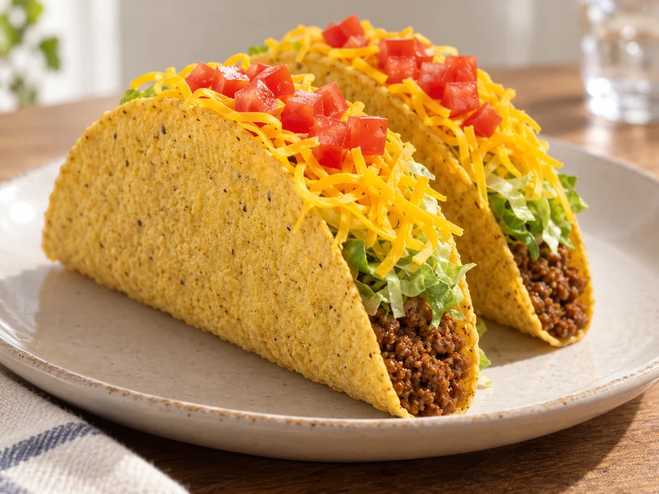 Representative Del Taco-style crunchy beef tacos with iceberg lettuce, cheddar and tomato; not restaurant photography.