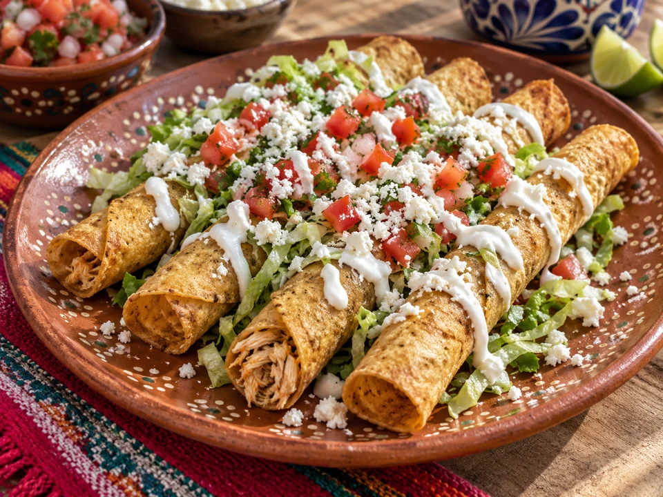 Crisp rolled chicken tacos with lettuce, crema and crumbled cheese.