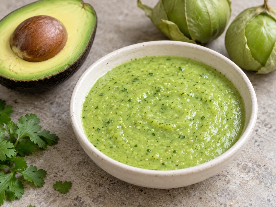 Smooth avocado and tomatillo salsa in a ceramic bowl.