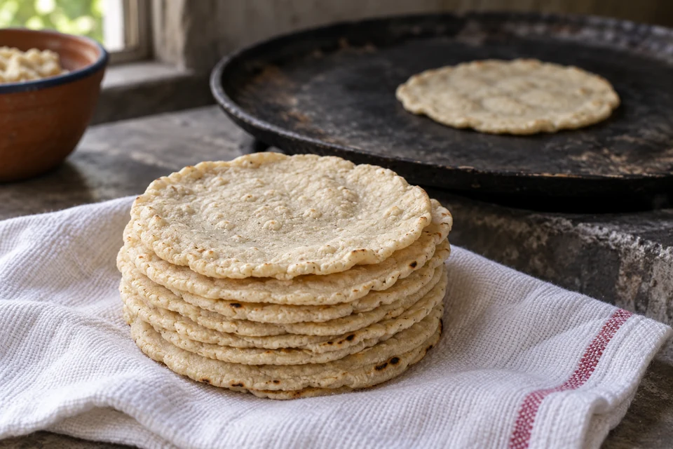Fresh handmade corn tortillas on a cloth beside a seasoned comal.