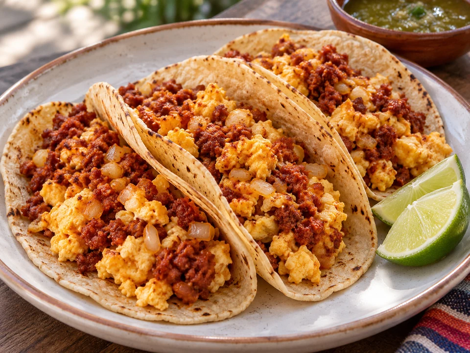 Scrambled egg and crumbled Mexican chorizo in corn tortillas.