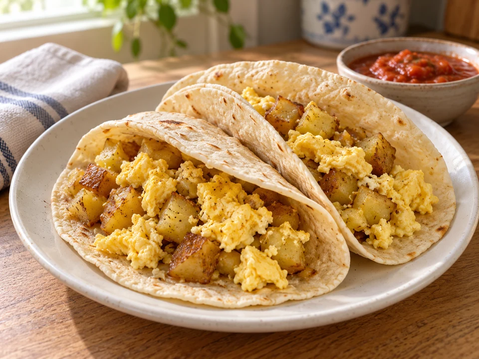 Flour tortillas filled with scrambled eggs and browned potato cubes.
