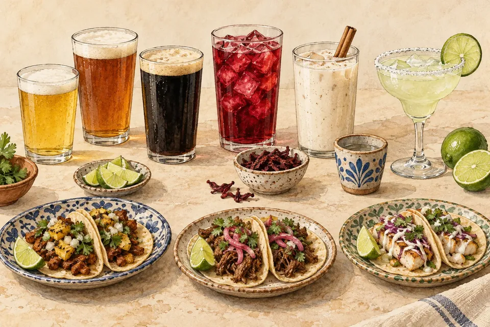 Illustrated glasses of beer, aguas frescas and a cocktail