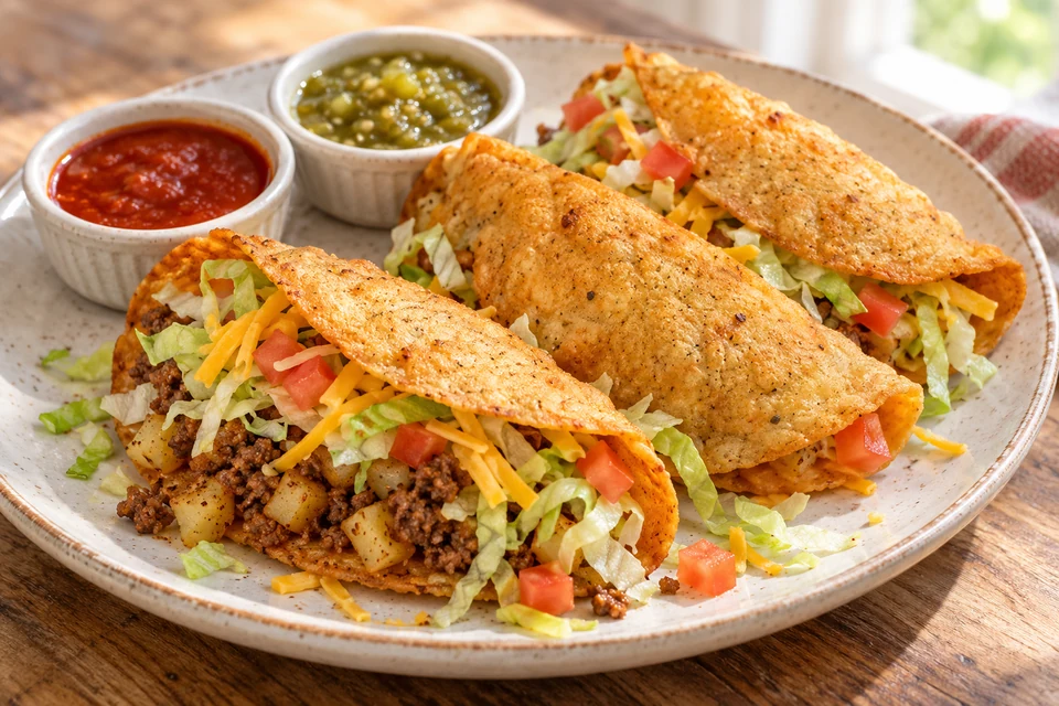 Crisp beef-and-potato tacos with lettuce, tomato, cheese and red and green chile sauces.