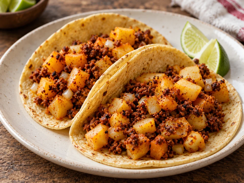 Corn tortillas filled with diced potatoes and crumbled Mexican chorizo.