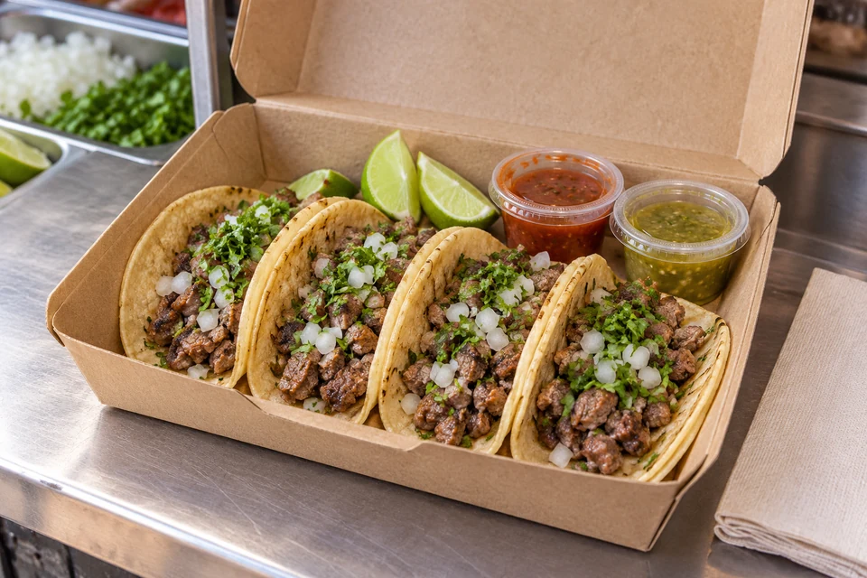 Takeaway box of beef tacos with onion, cilantro, lime and separate salsa cups.