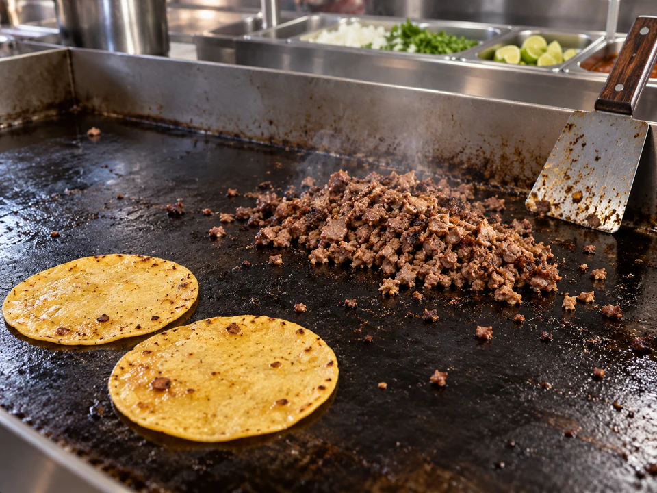 Seasoned flat-top plancha with chopped beef, warming tortillas and a metal spatula.
