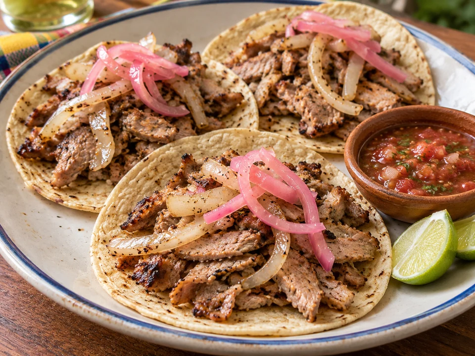 Citrus-marinated grilled pork tacos with pickled red onion.