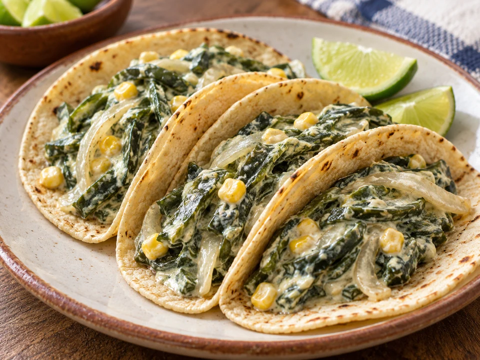 Roasted poblano strips, onion and corn in cream, served in corn tortillas.