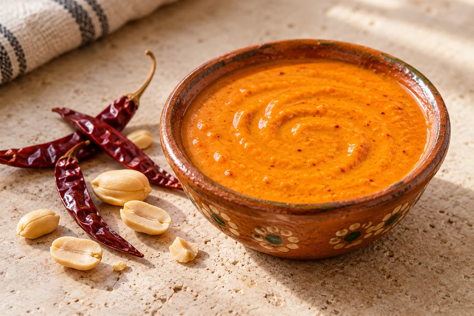 Orange peanut salsa in a ceramic bowl beside peanuts and dried chiles.