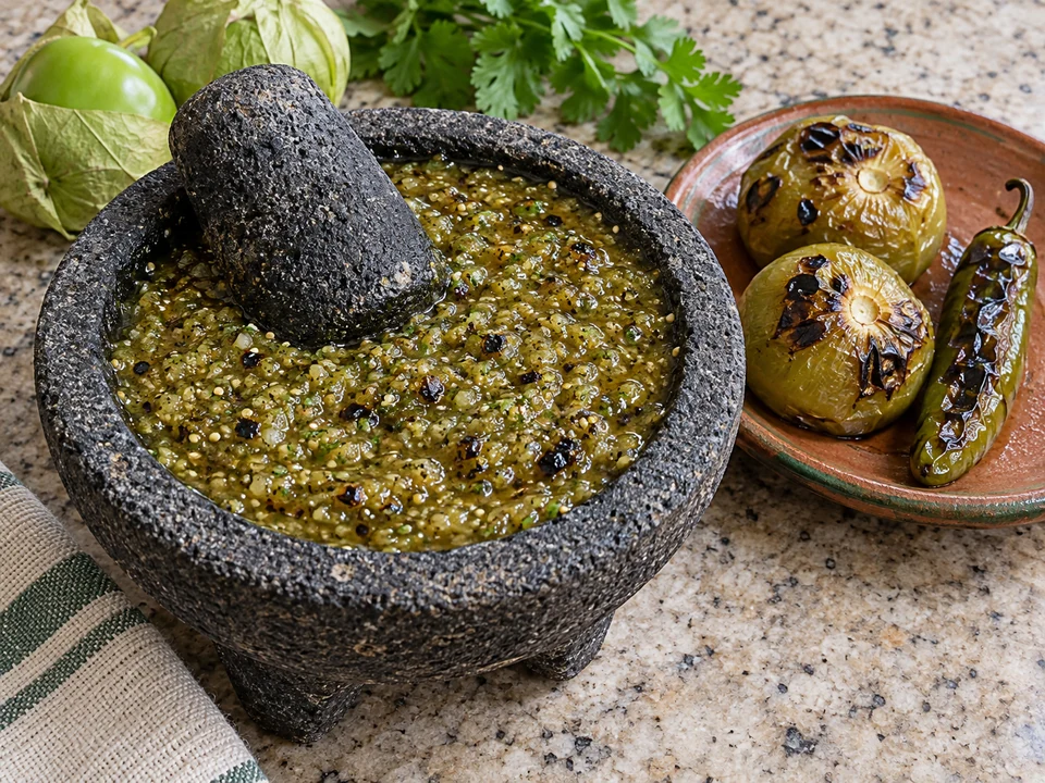Coarse roasted green tomatillo salsa with char flecks in a volcanic-stone molcajete.