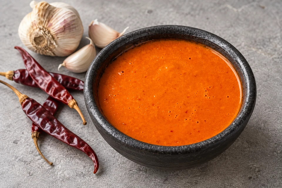 Orange-red chile de arbol salsa beside dried chiles and garlic.