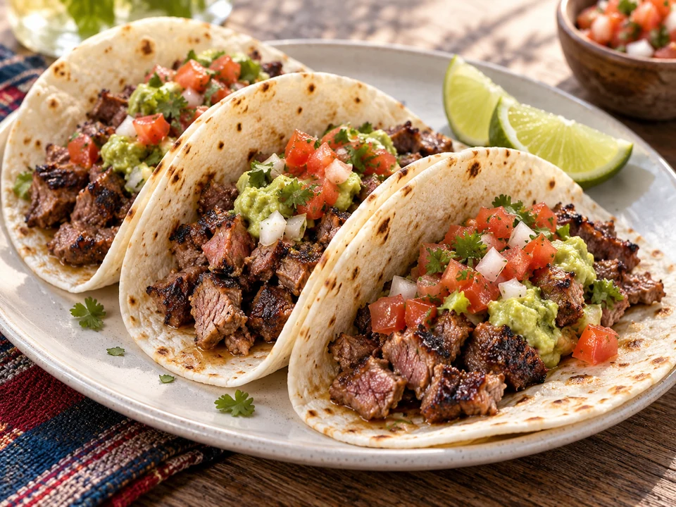 Sonoran-style mesquite-grilled beef in flour tortillas with guacamole and salsa.
