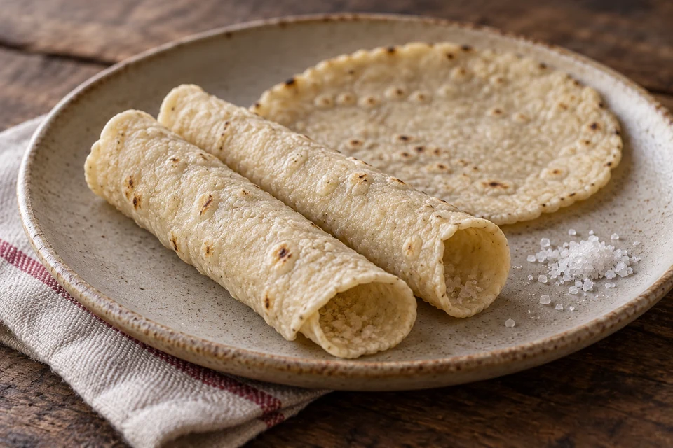 Soft corn tortillas rolled with salt, alongside a fresh tortilla.