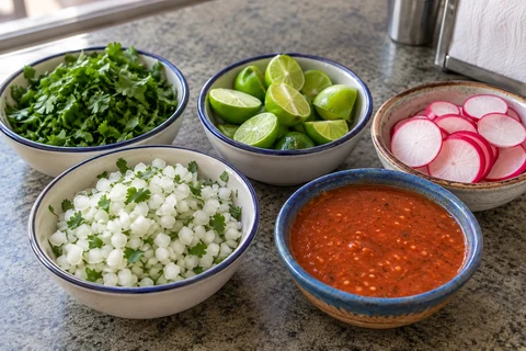 Bowls of white onion, cilantro, lime, radishes and red salsa.