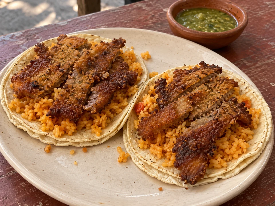 Two tacos with doubled corn tortillas, red rice and breaded milanesa strips.