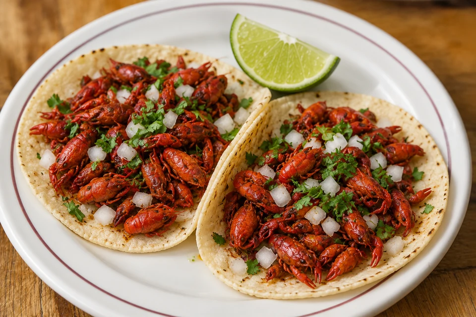 Small corn tortillas with whole cooked red acociles, onion, cilantro and lime.