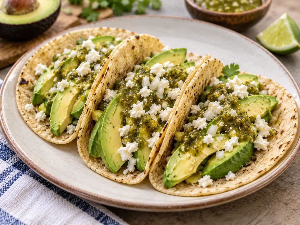 Avocado-filled corn tacos with fresh cheese, onion and green salsa.