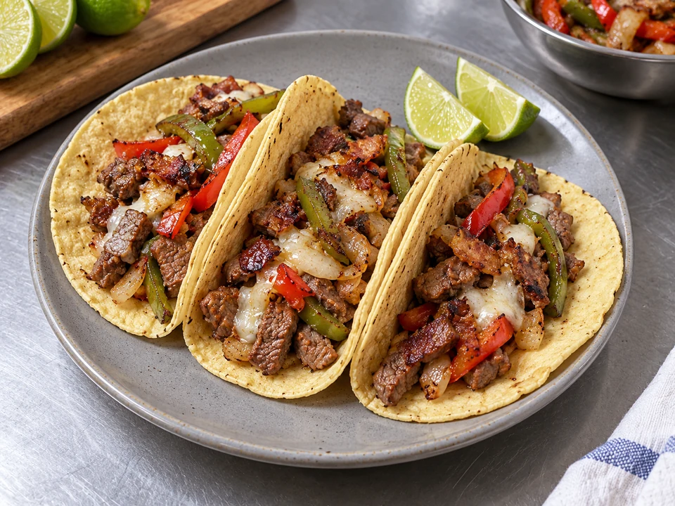 Three corn tacos with beef, bacon, bell peppers, onion and melted cheese.