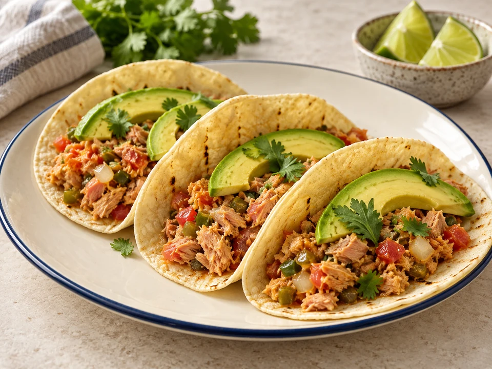 Soft corn tortillas with flaked cooked tuna, tomato, onion and avocado.