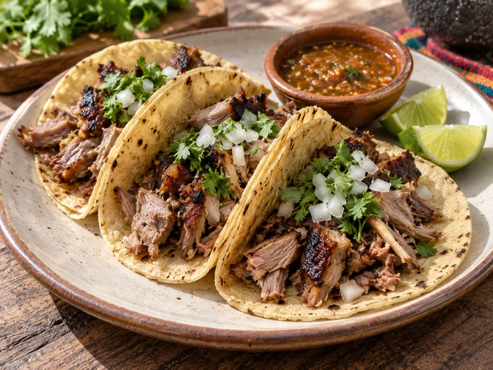 Roasted young-goat meat with browned edges in corn tortillas.