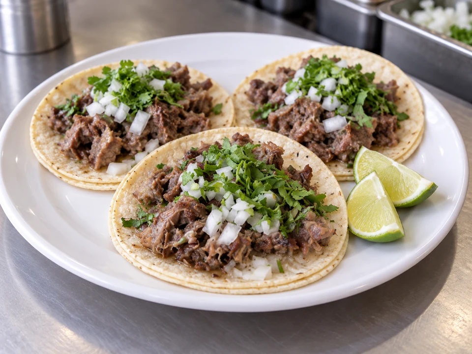 Doubled corn tortillas with chopped braised beef cheek, white onion and cilantro.