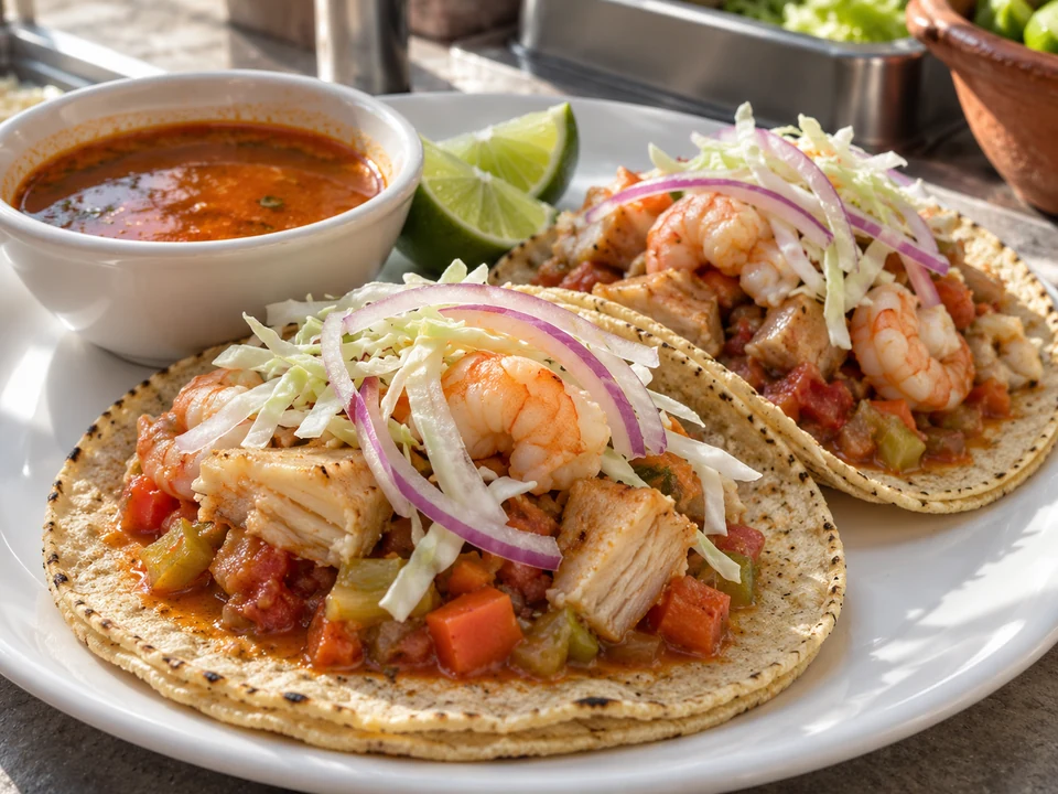 Corn tacos with stewed ray fish, shrimp, vegetables and cabbage beside seafood broth.