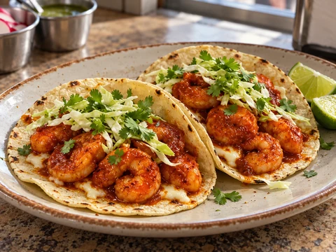 Red chile-coated shrimp over melted cheese in corn tortillas with cabbage.
