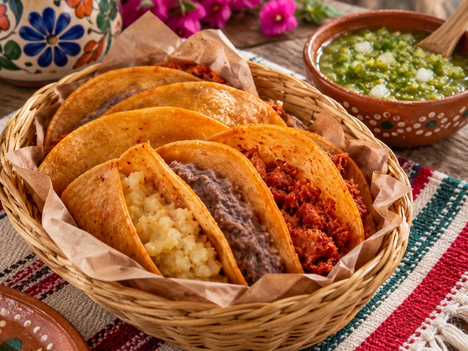 Soft oil-brushed basket tacos with potato, beans and red-sauce filling.