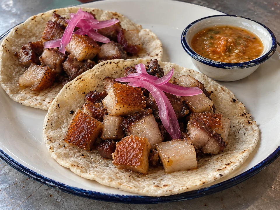 Skin-on crispy pork belly cubes in corn tortillas with pickled purple onion.