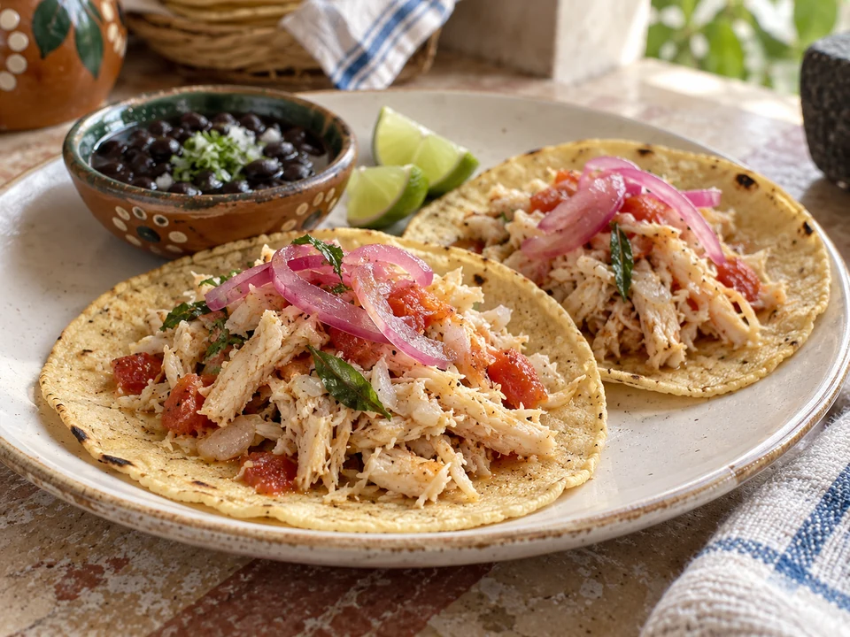 Corn tortillas with finely shredded dogfish, tomato and pickled red onion.