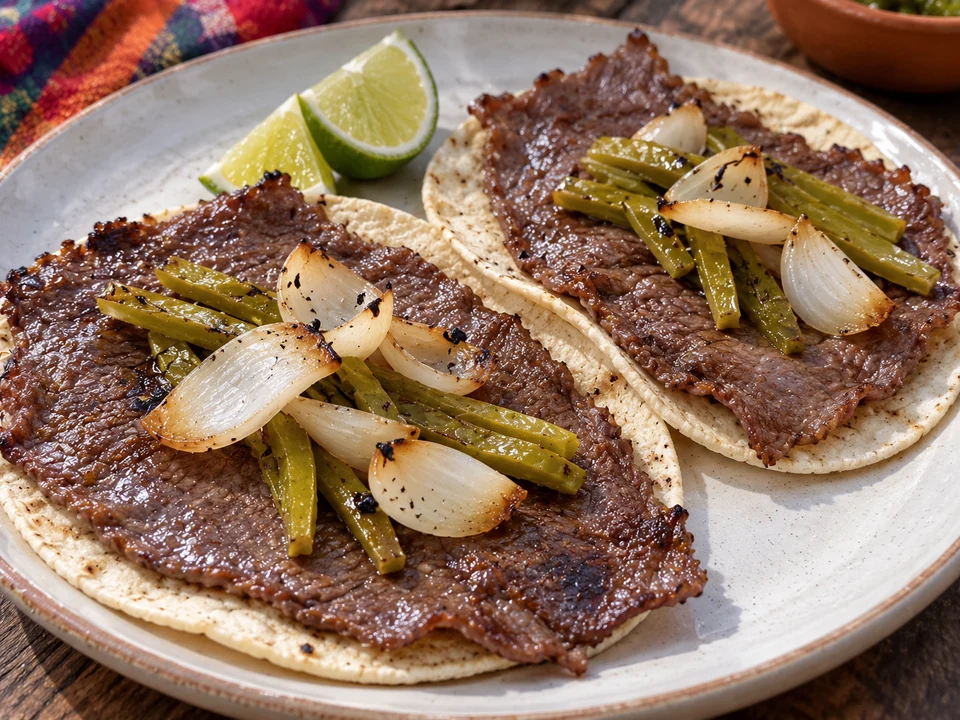 Thin grilled salt-cured beef in corn tortillas.