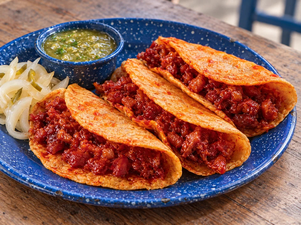 Folded corn tacos with pressed pork crackling in red guajillo sauce.