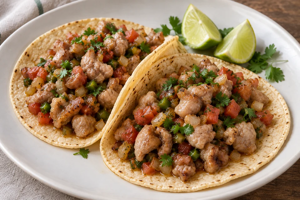 Corn tortillas with chopped cooked criadillas, tomato, onion and green chile.