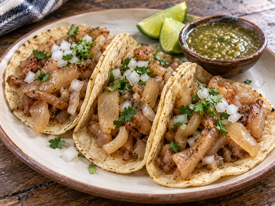 Soft cooked pork-skin strips in carnitas-style corn tacos.
