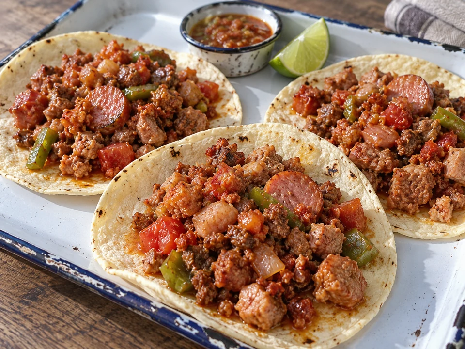 Corn tortillas with mixed meats, sausage, peppers and onion discada.
