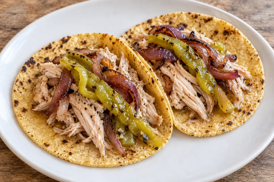 Shredded turkey tacos with roasted red onion and xcatic chile.