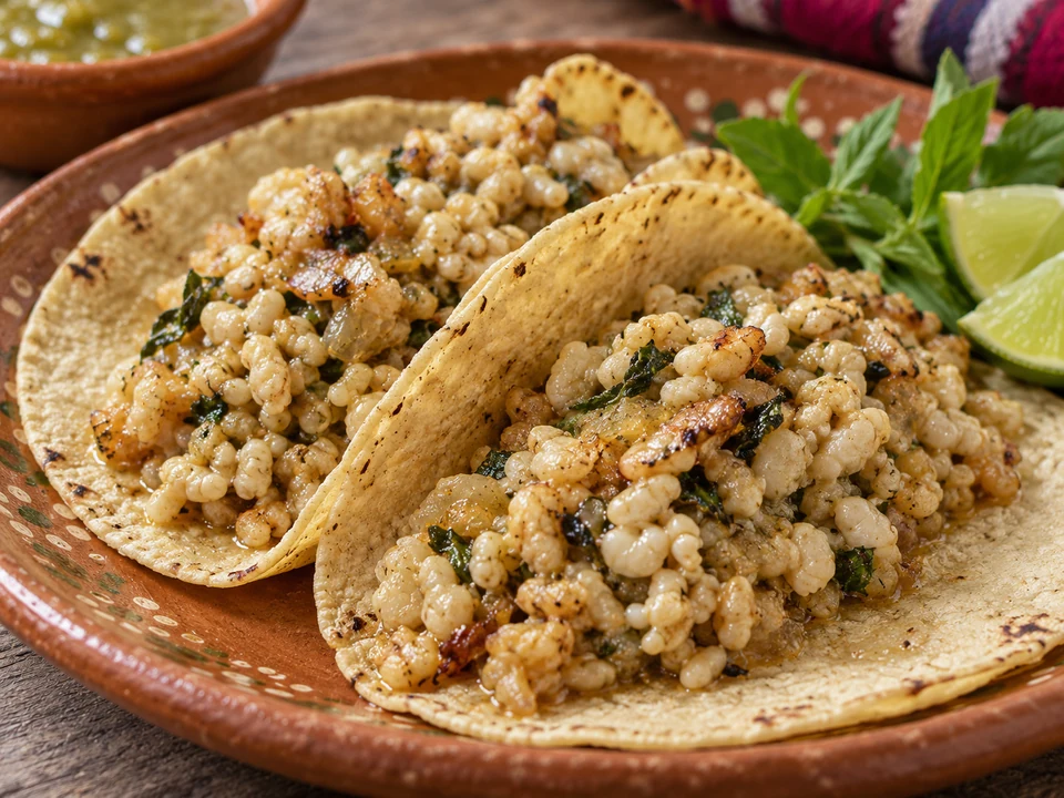 Sauteed ivory ant brood with onion and epazote in corn tortillas.