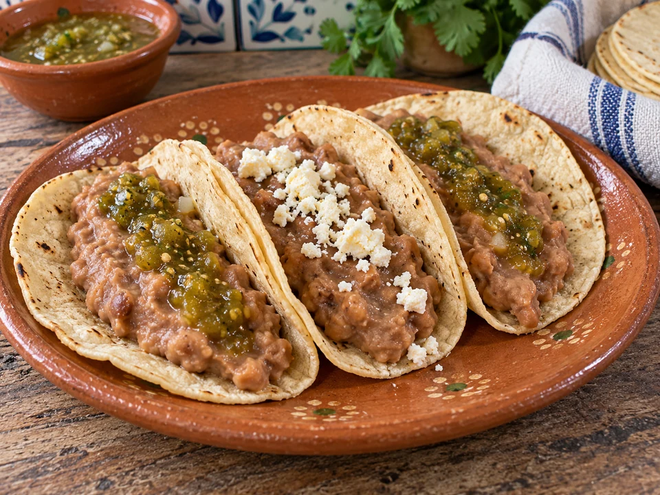 Three corn tacos filled with refried beans, salsa and a little queso fresco.